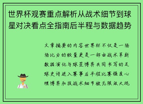 世界杯观赛重点解析从战术细节到球星对决看点全指南后半程与数据趋势